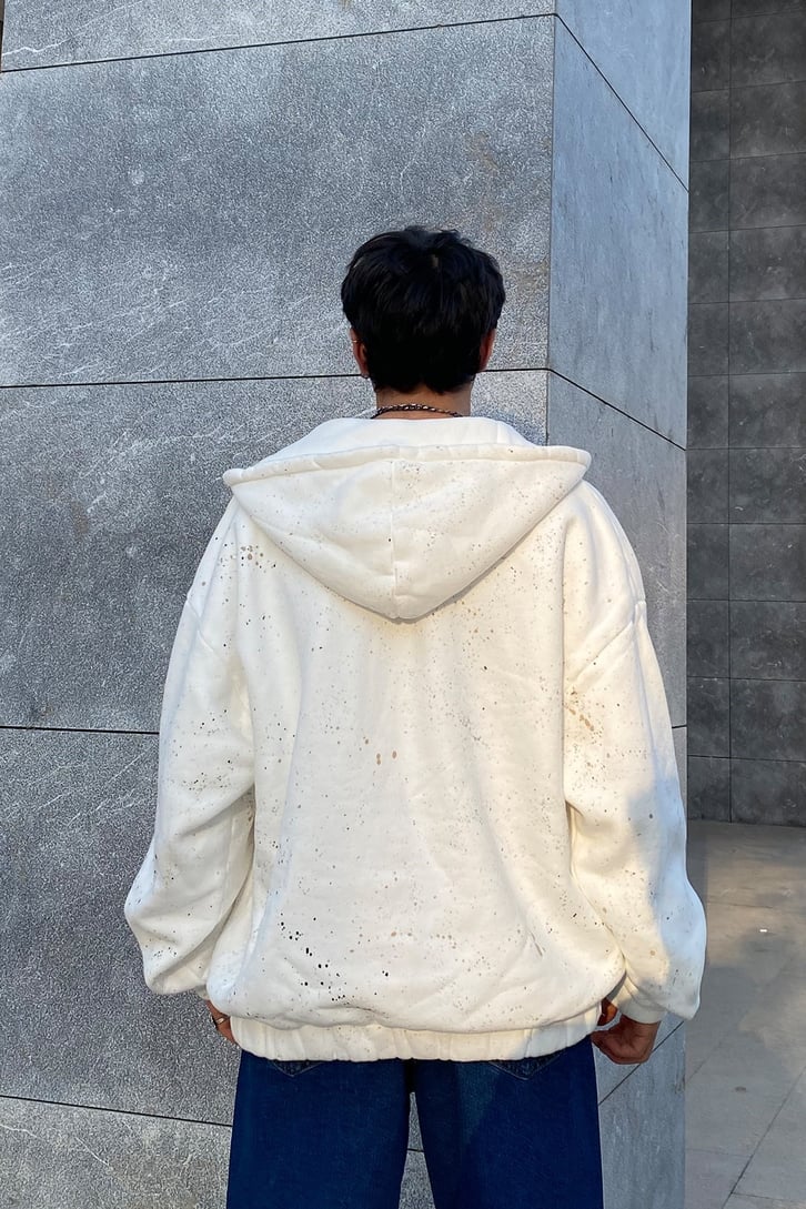 Spray Paint Oversize Zip-Up Ecru Hoodie