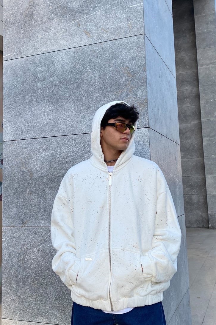 Spray Paint Oversize Zip-Up Ecru Hoodie