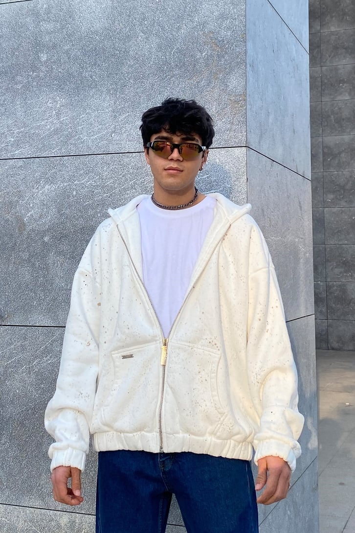 Spray Paint Oversize Zip-Up Ecru Hoodie
