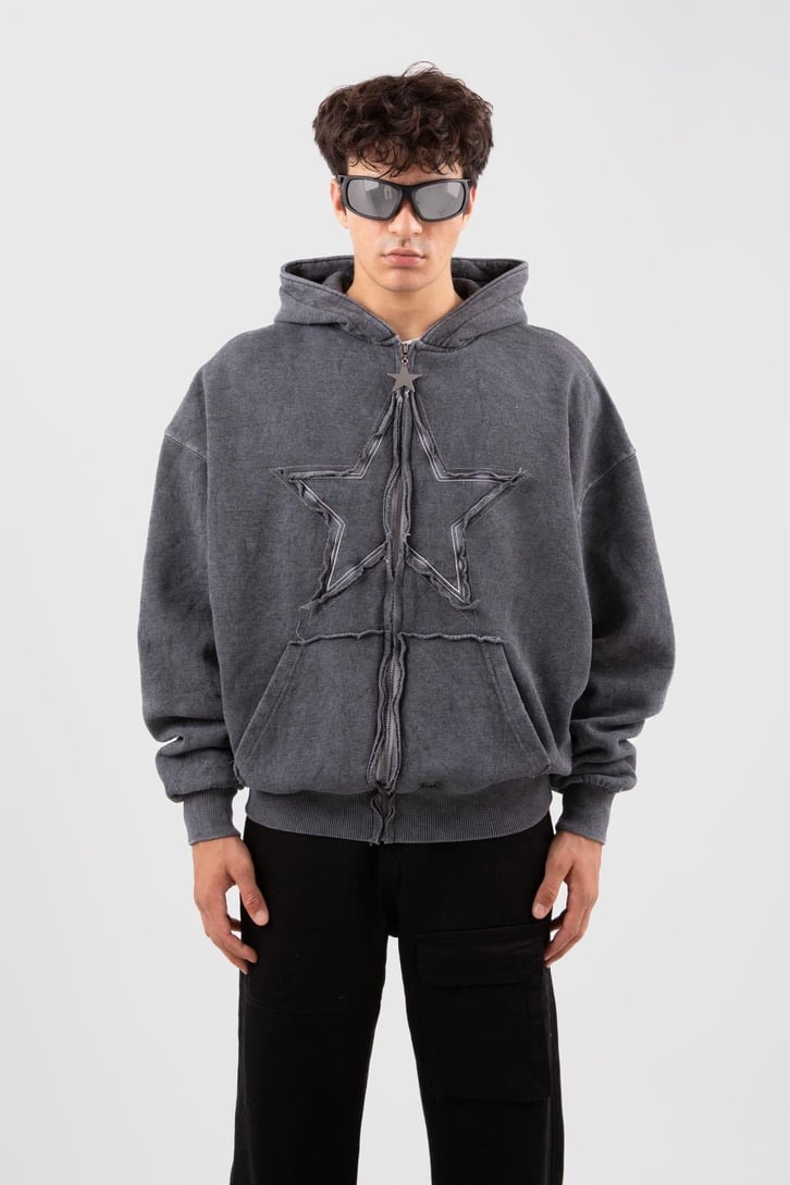 Star Nakışlı Oversize Acid Wash Zip Hoodie
