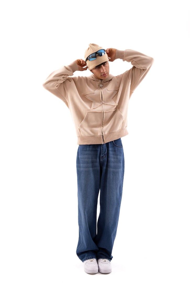 Star Nakışlı Oversize Bej Zip Hoodie