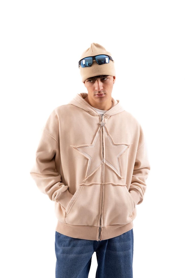 Star Nakışlı Oversize Bej Zip Hoodie