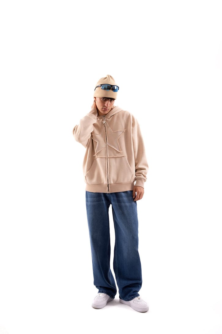 Star Nakışlı Oversize Bej Zip Hoodie