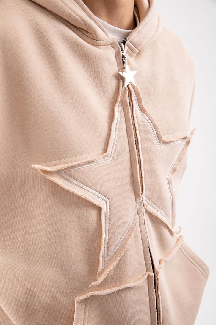 Star Nakışlı Oversize Bej Zip Hoodie