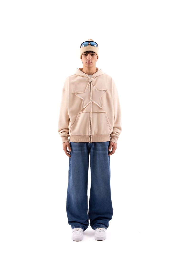 Star Nakışlı Oversize Bej Zip Hoodie