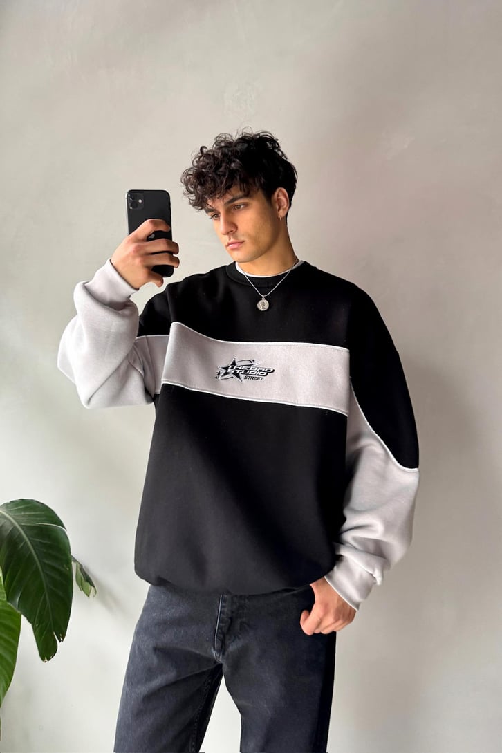 Star Nakışlı Oversize Bisiklet Yaka Sweatshirt