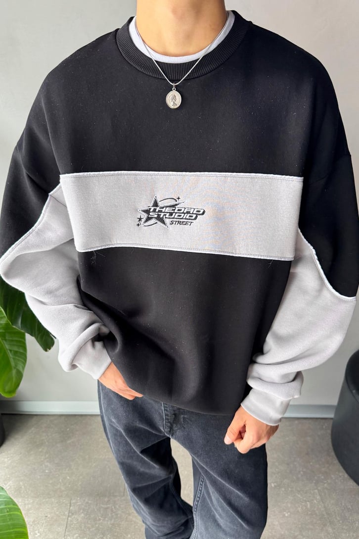 Star Nakışlı Oversize Bisiklet Yaka Sweatshirt