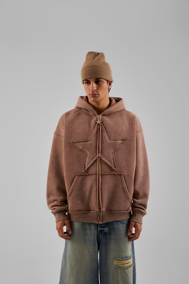 Star Nakışlı Oversize Bordo Zip Hoodie