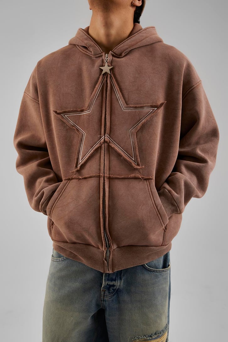 Star Nakışlı Oversize Bordo Zip Hoodie