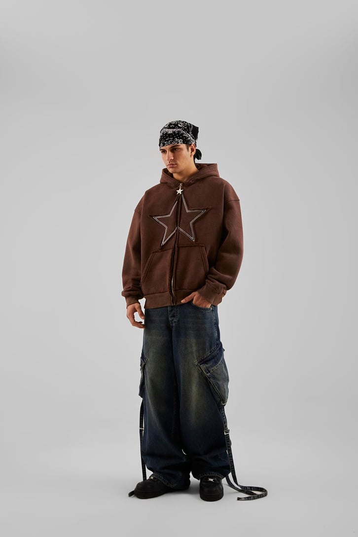 Star Nakışlı Oversize Bordo Zip Hoodie