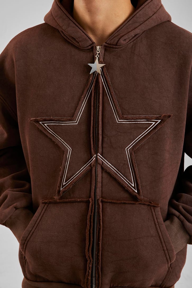 Star Nakışlı Oversize Bordo Zip Hoodie