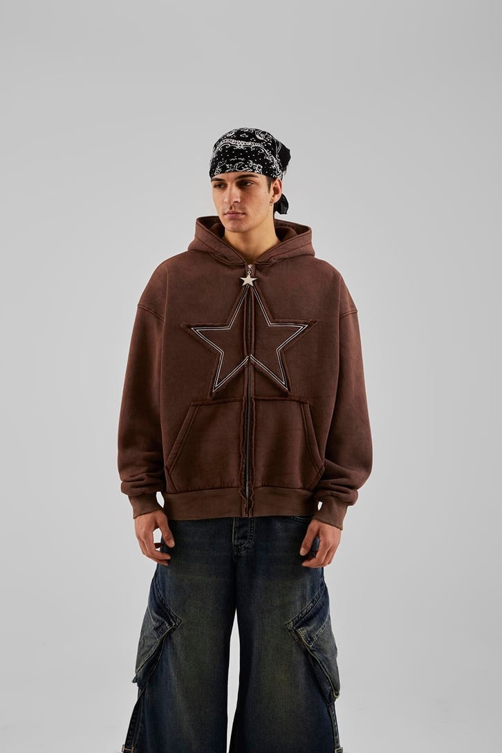 Star Nakışlı Oversize Bordo Zip Hoodie