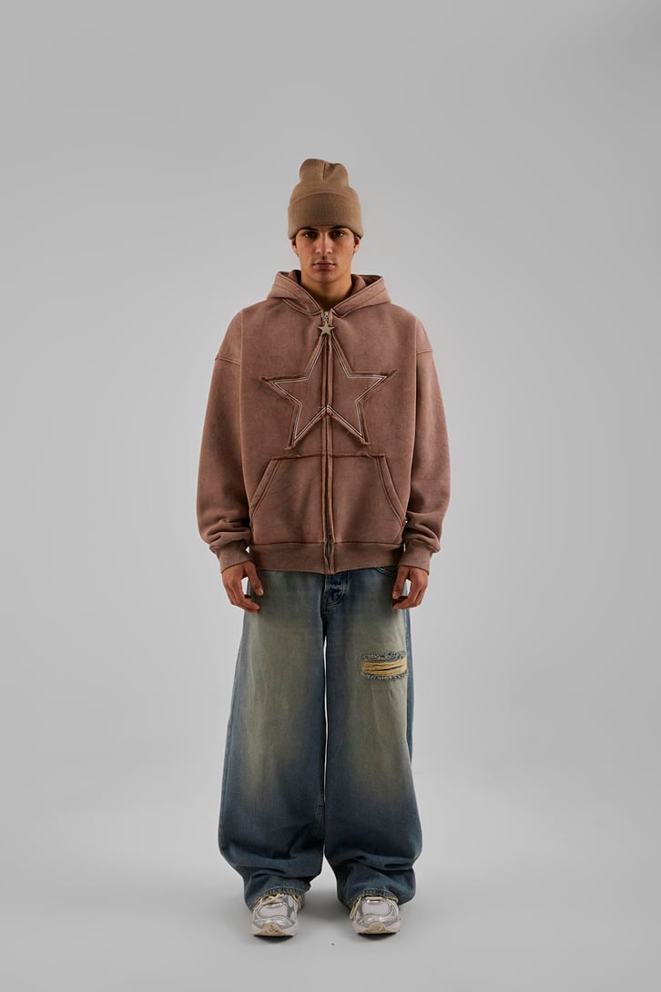 Star Nakışlı Oversize Bordo Zip Hoodie