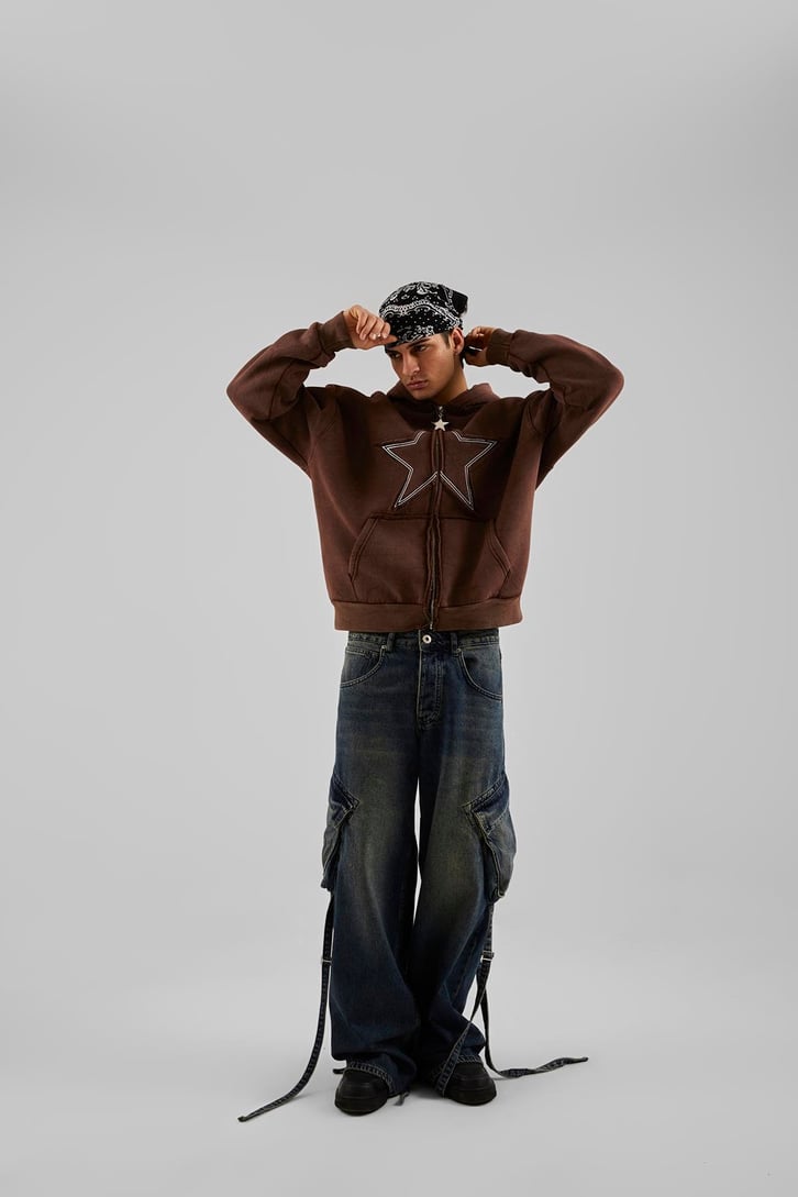 Star Nakışlı Oversize Bordo Zip Hoodie