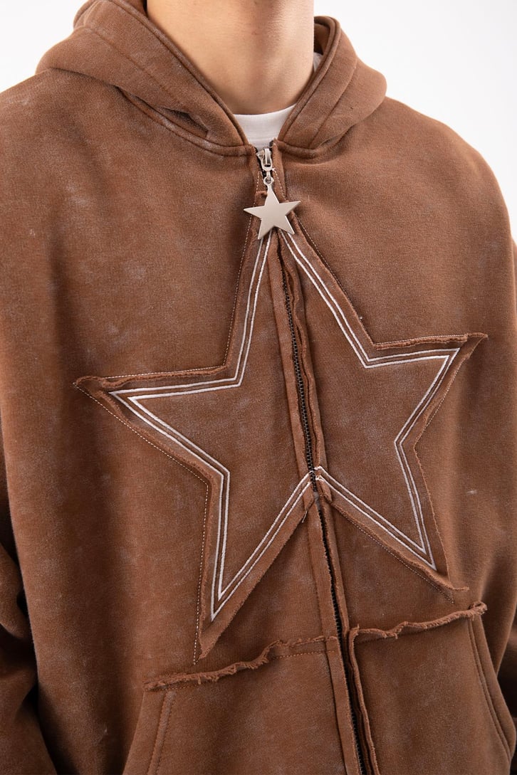 Star Nakışlı Oversize Kahverengi Zip Hoodie