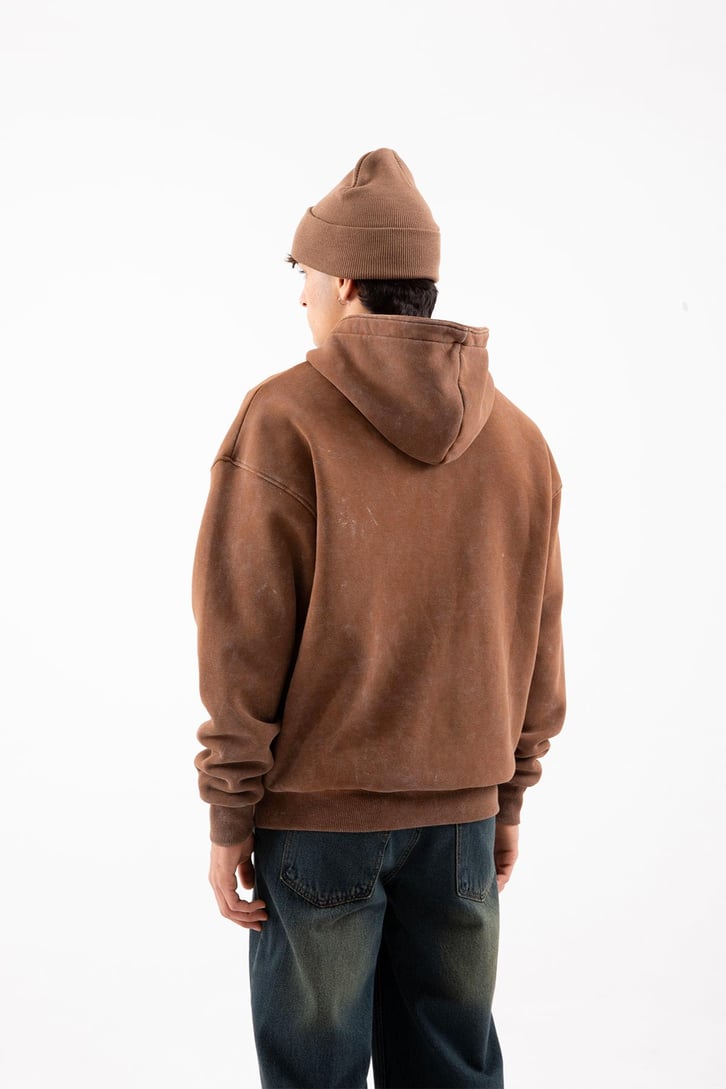 Star Nakışlı Oversize Kahverengi Zip Hoodie