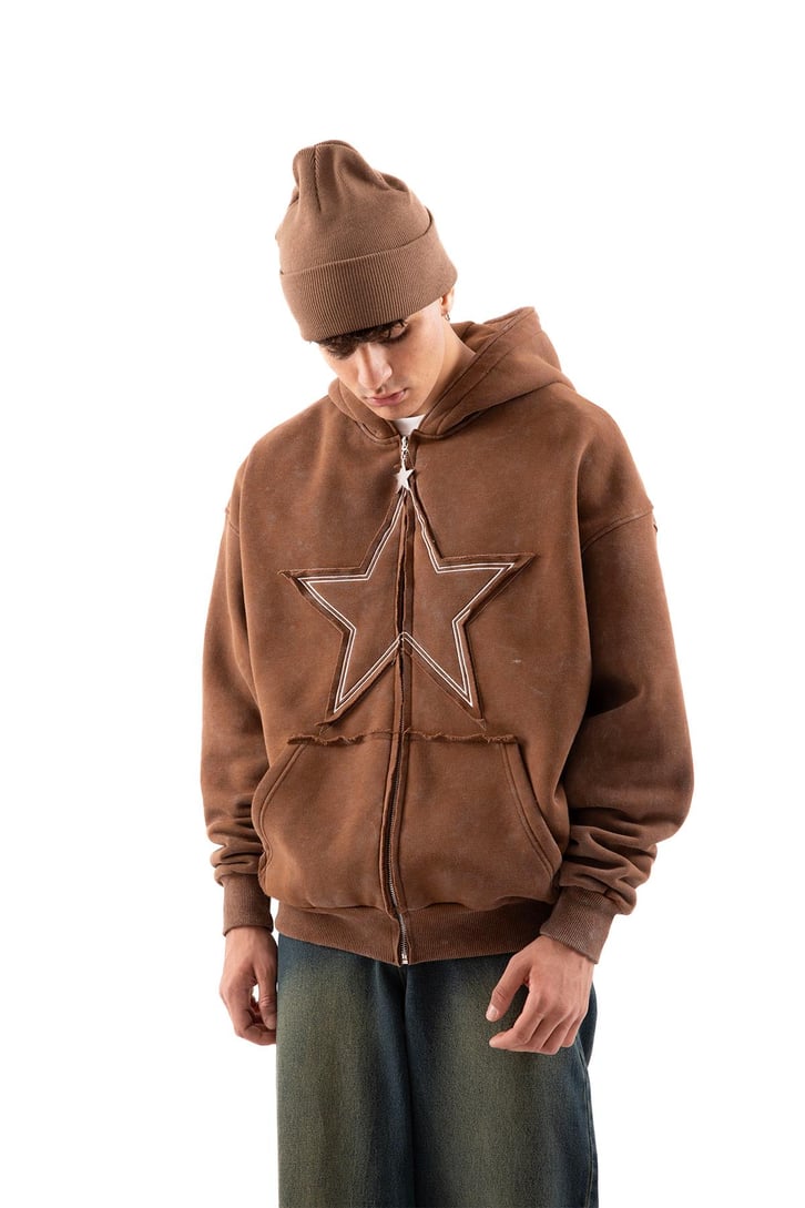 Star Nakışlı Oversize Kahverengi Zip Hoodie