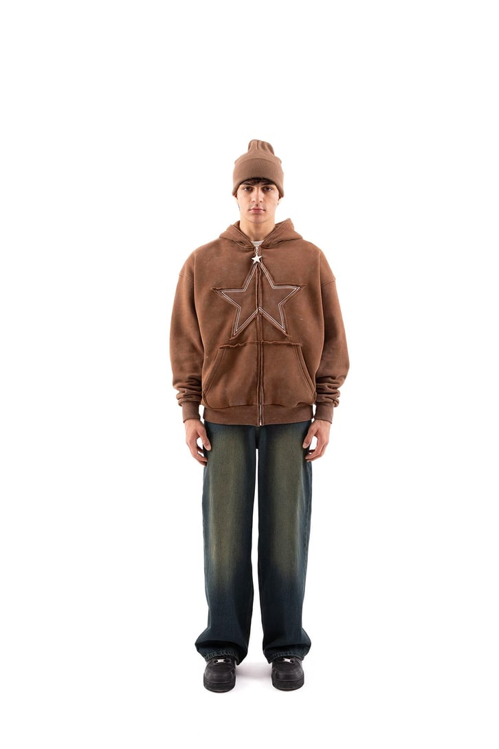 Star Nakışlı Oversize Kahverengi Zip Hoodie