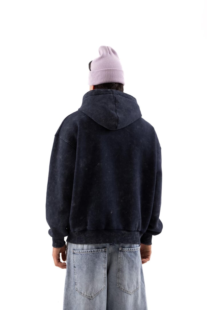 Star Nakışlı Oversize Lacivert Zip Hoodie