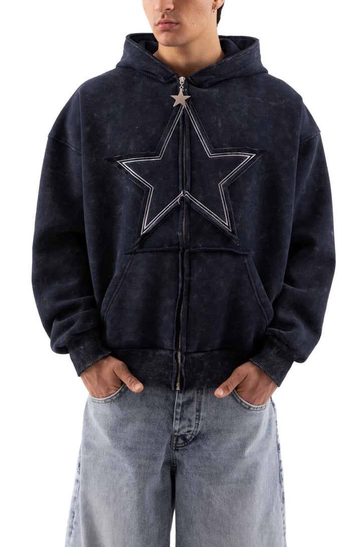 Star Nakışlı Oversize Lacivert Zip Hoodie