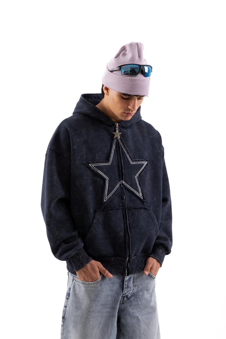 Star Nakışlı Oversize Lacivert Zip Hoodie