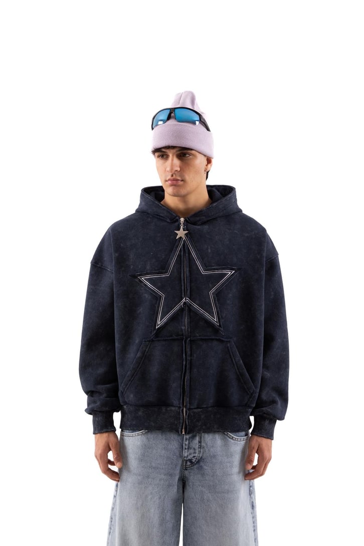 Star Nakışlı Oversize Lacivert Zip Hoodie