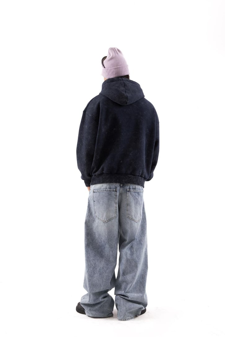 Star Nakışlı Oversize Lacivert Zip Hoodie
