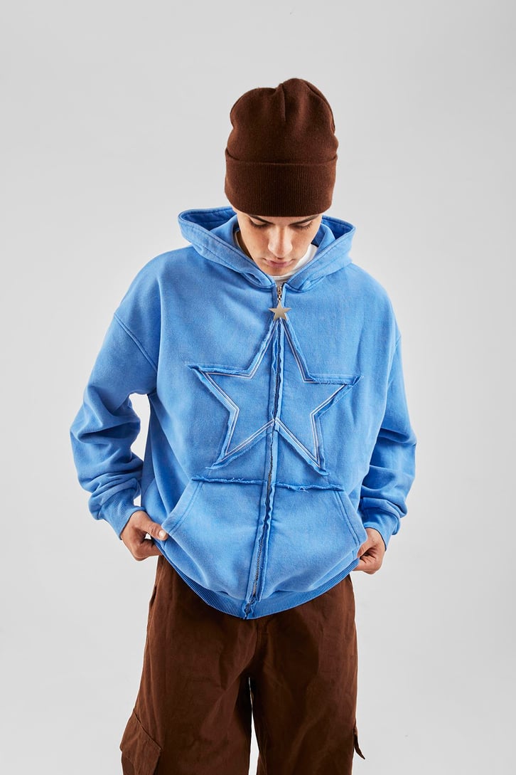 Star Nakışlı Oversize Mavi Zip Hoodie
