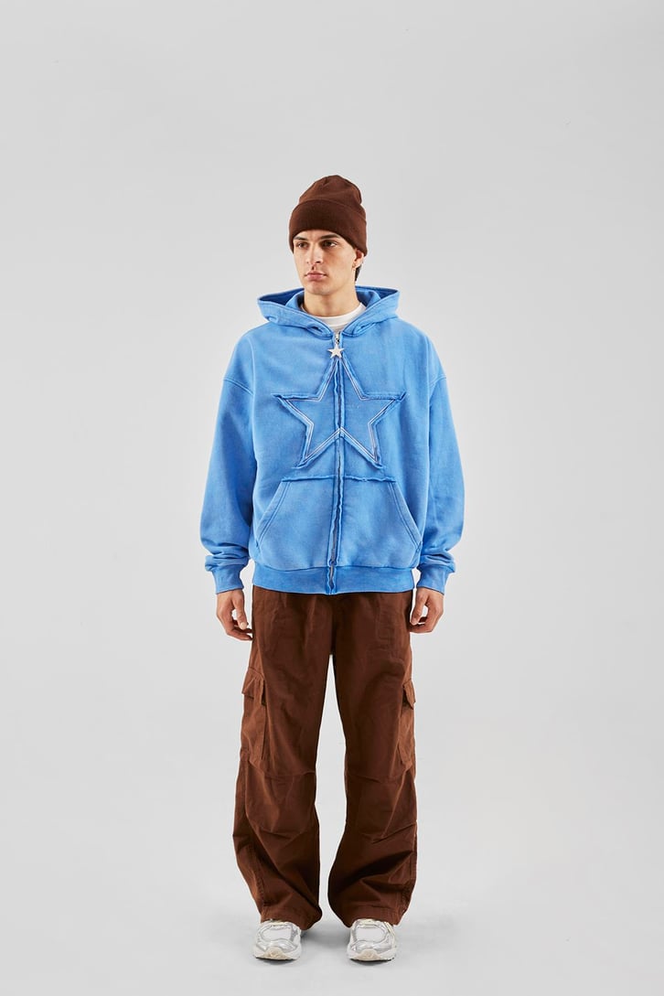 Star Nakışlı Oversize Mavi Zip Hoodie