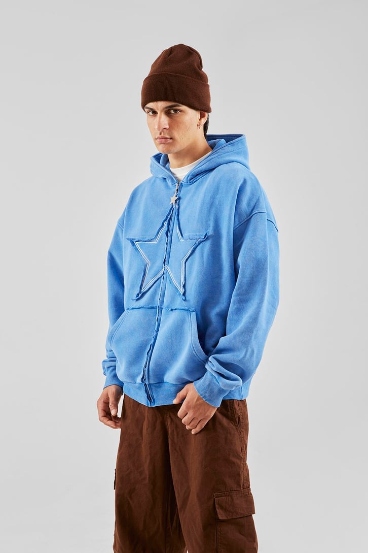 Star Nakışlı Oversize Mavi Zip Hoodie