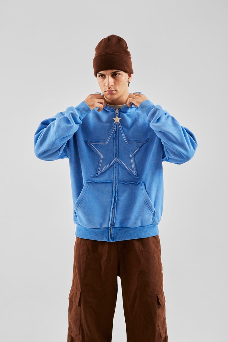 Star Nakışlı Oversize Mavi Zip Hoodie