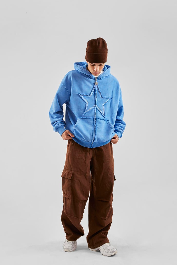 Star Nakışlı Oversize Mavi Zip Hoodie