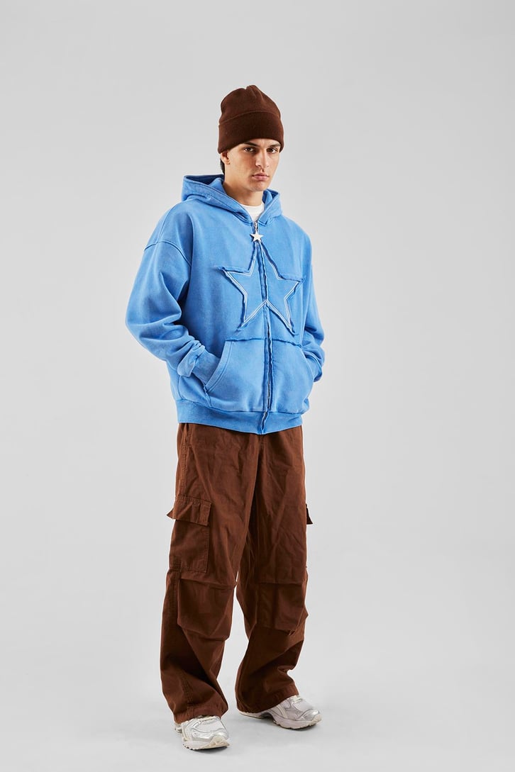 Star Nakışlı Oversize Mavi Zip Hoodie