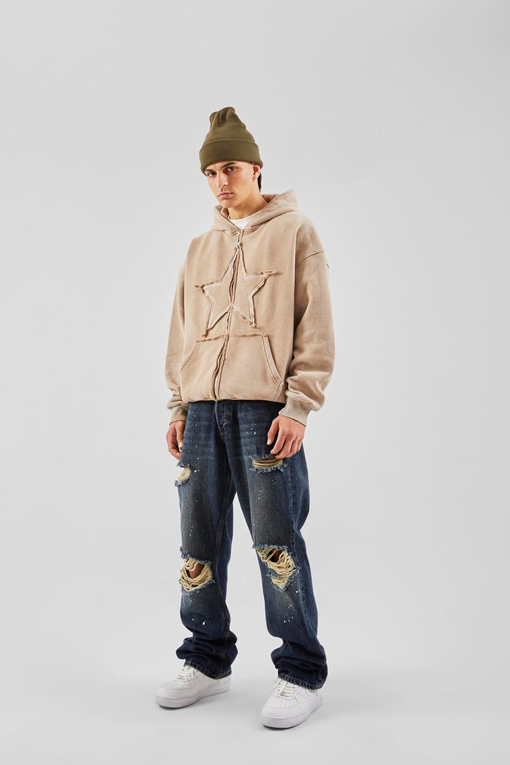 Star Nakışlı Oversize Vizon Zip Hoodie