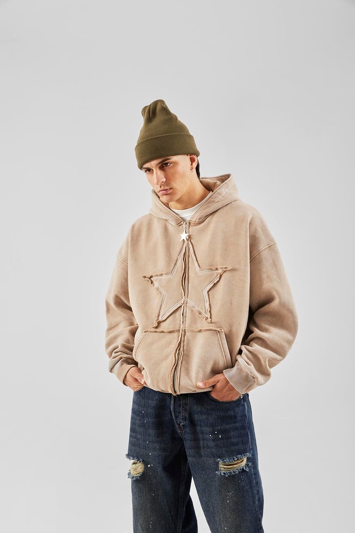 Star Nakışlı Oversize Vizon Zip Hoodie