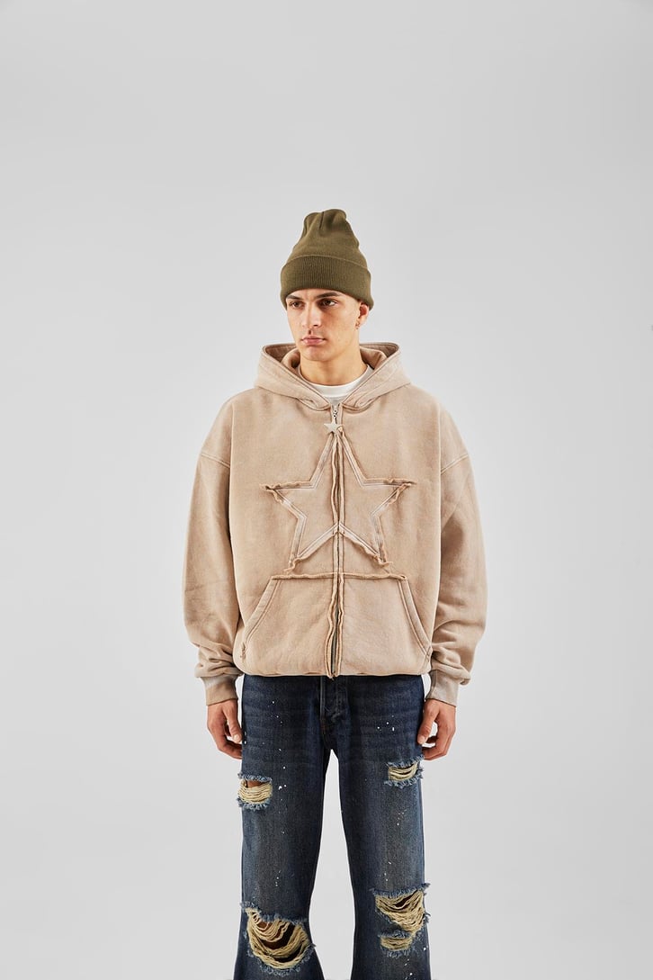 Star Nakışlı Oversize Vizon Zip Hoodie