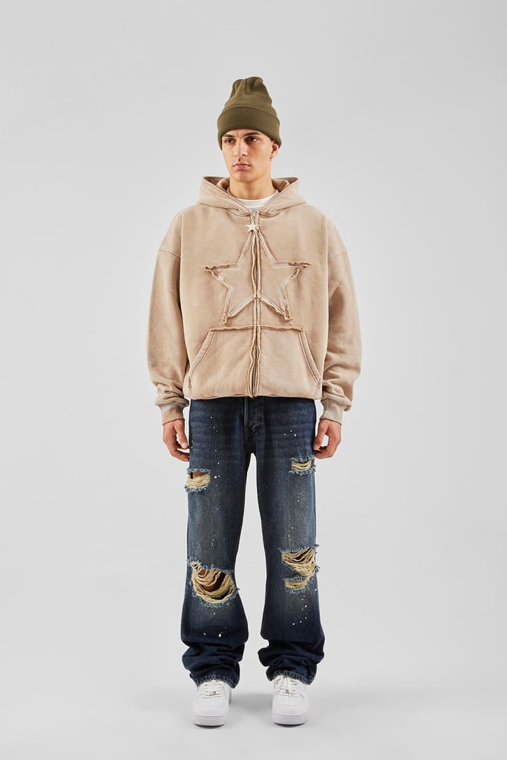 Star Nakışlı Oversize Vizon Zip Hoodie