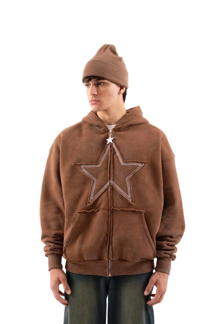 Star Nakışlı Oversize Yeşil Zip Hoodie
