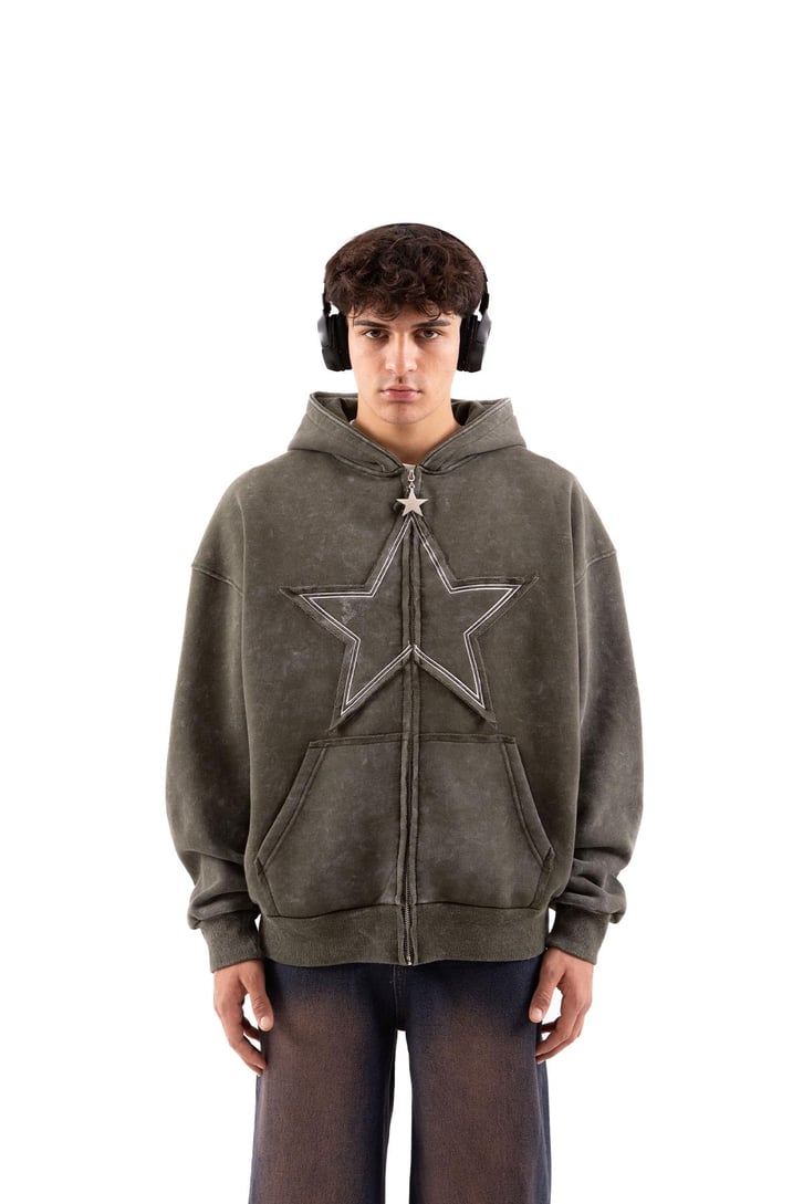 Star Nakışlı Oversize Yeşil Zip Hoodie