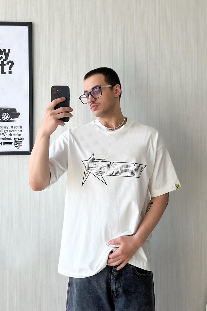 Star Outline Taş İşlemeli Oversize Tişört