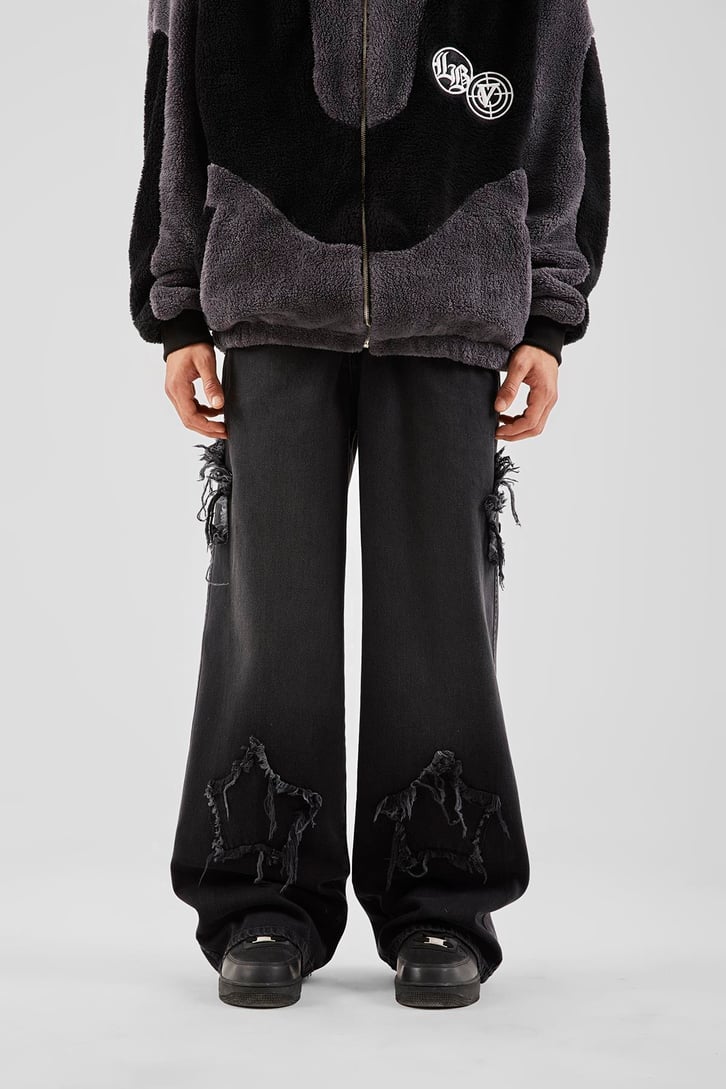 Star Patch Detay Acid Wash Baggy Jean