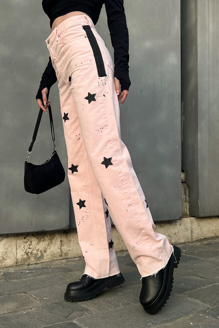 Star Printed Toz Pembe Baggy Jean