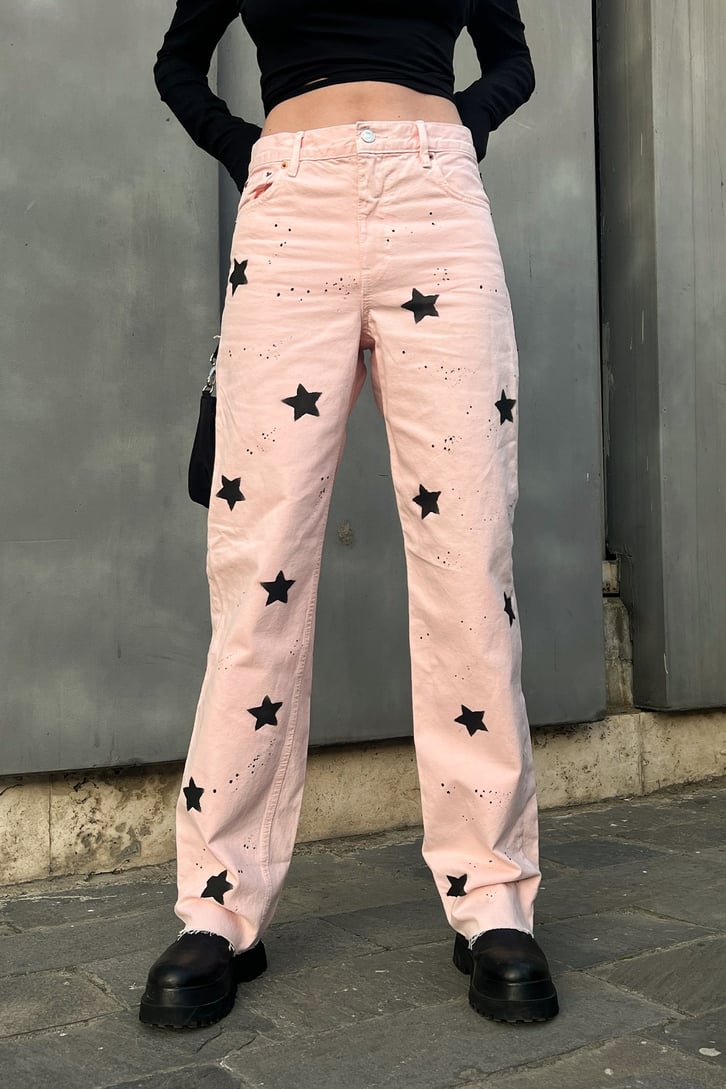 Star Printed Toz Pembe Baggy Jean
