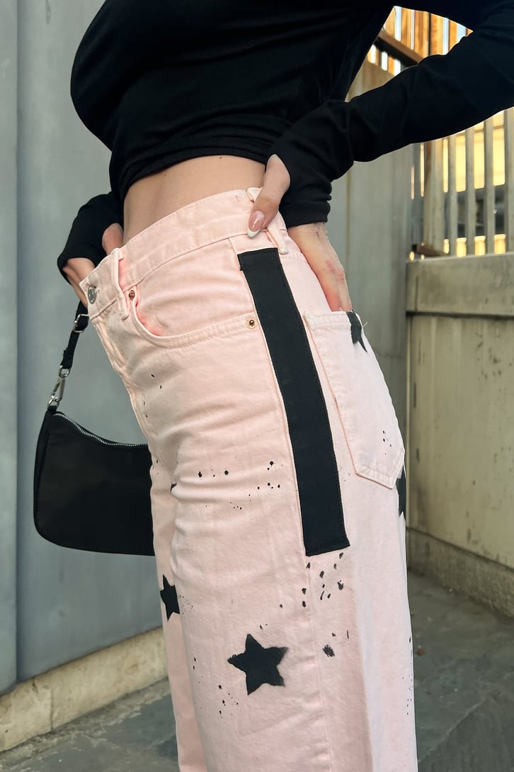 Star Printed Toz Pembe Baggy Jean