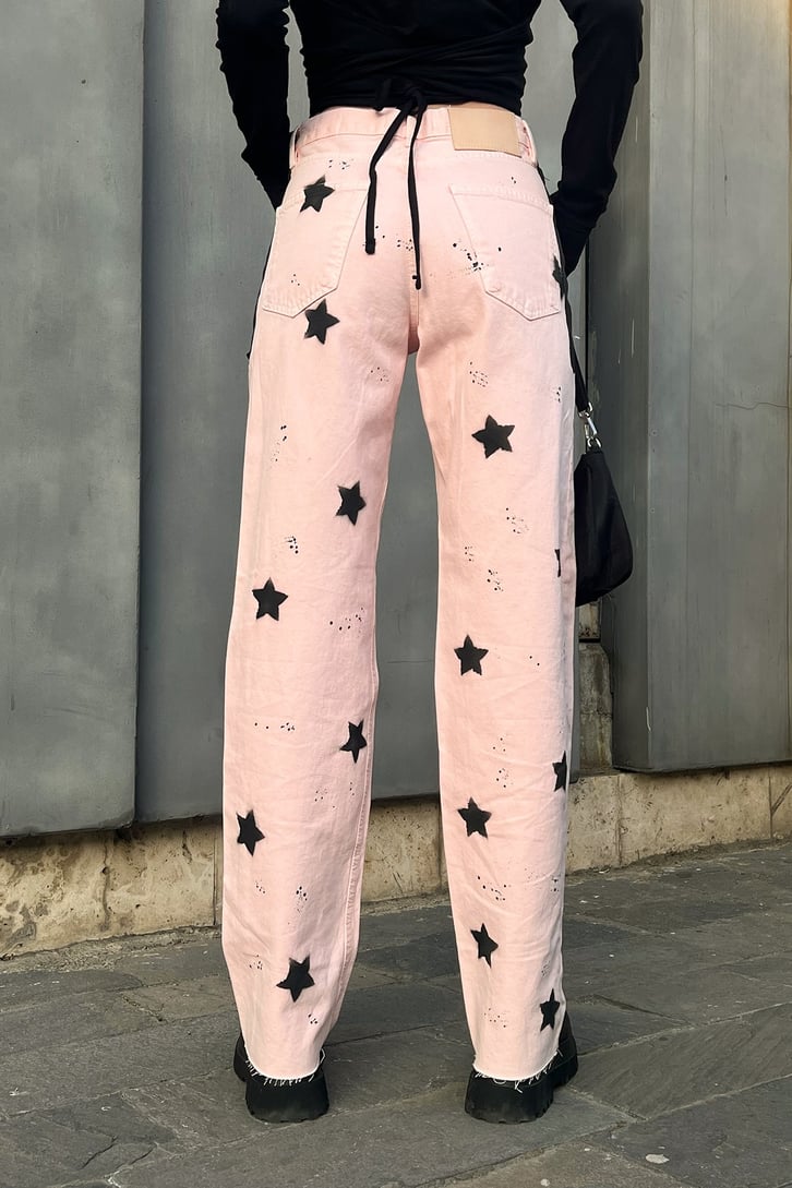 Star Printed Toz Pembe Baggy Jean