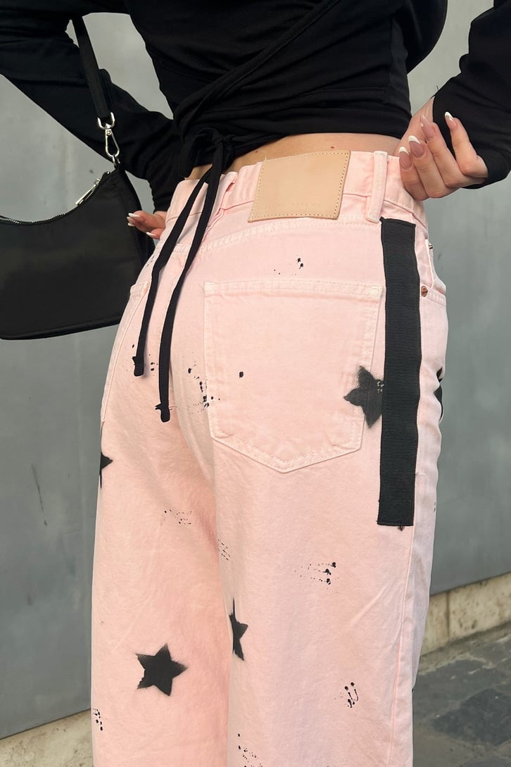 Star Printed Toz Pembe Baggy Jean