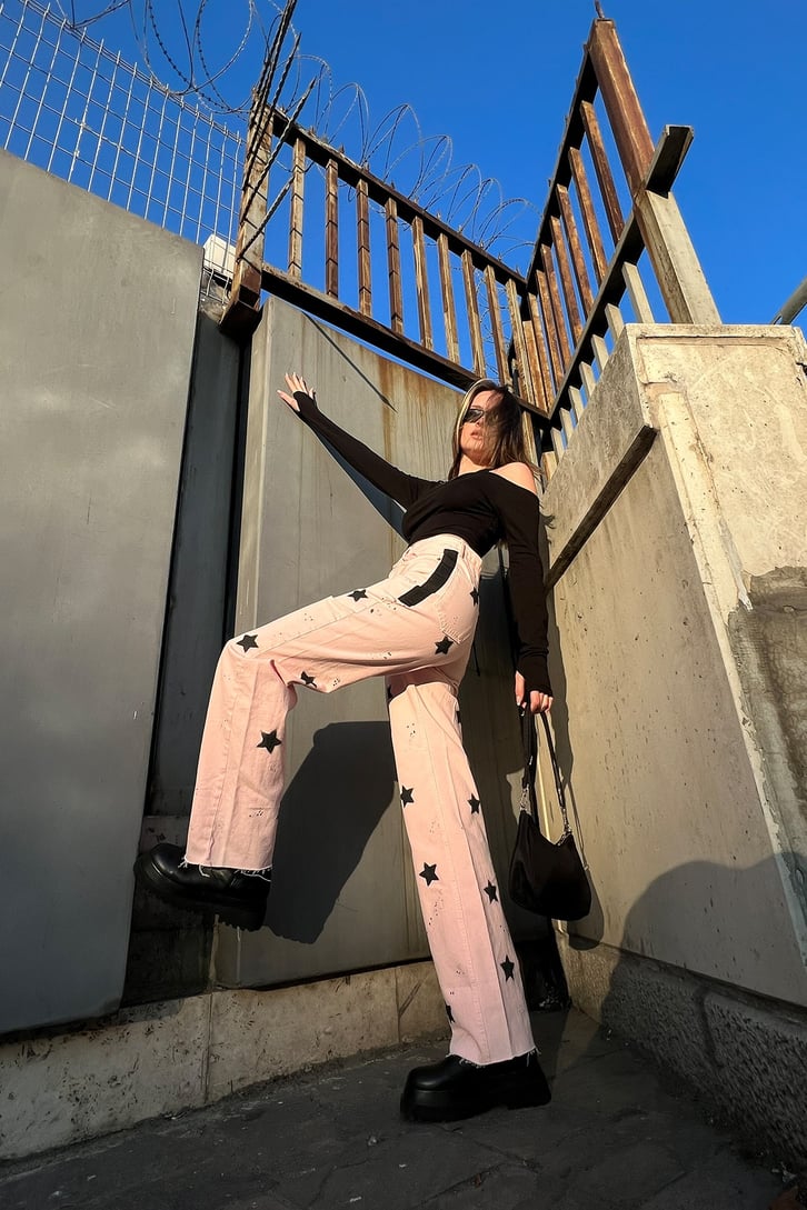 Star Printed Toz Pembe Baggy Jean