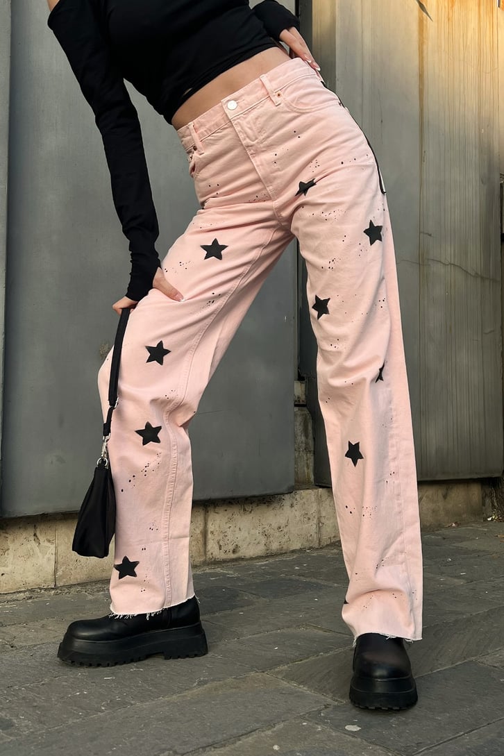 Star Printed Toz Pembe Baggy Jean