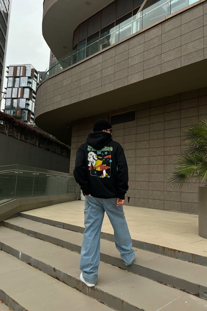 Stargazer Sırt Baskılı Siyah Oversize Hoodie