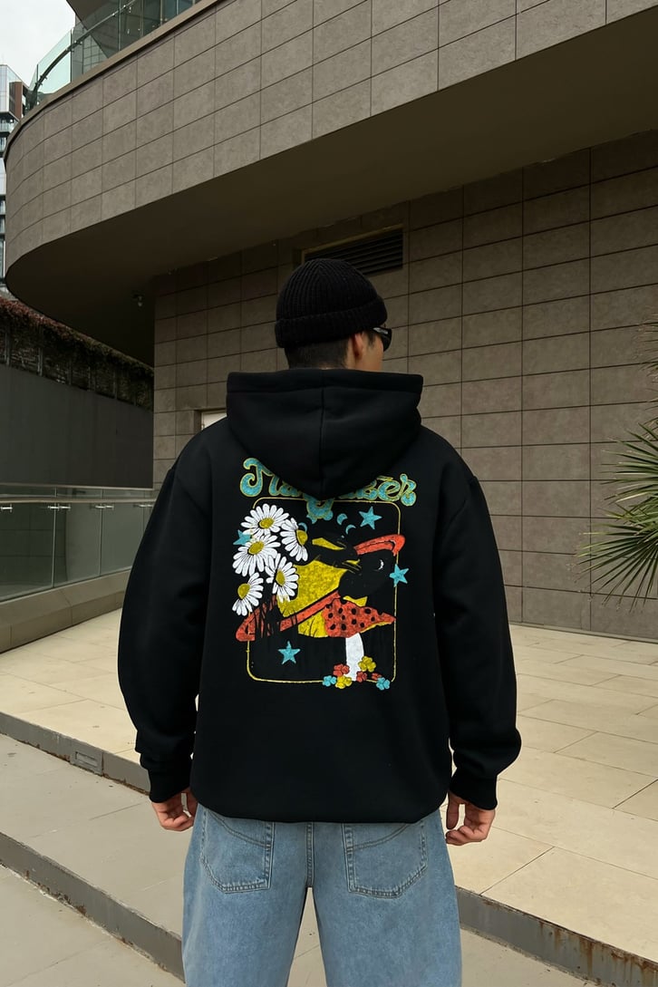 Stargazer Sırt Baskılı Siyah Oversize Hoodie